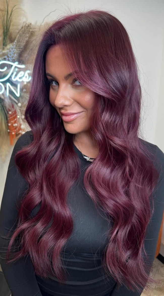 Mid-Back Burgundy with Long Layers Mid-Back Burgundy with Long Layers — Maroon Hair