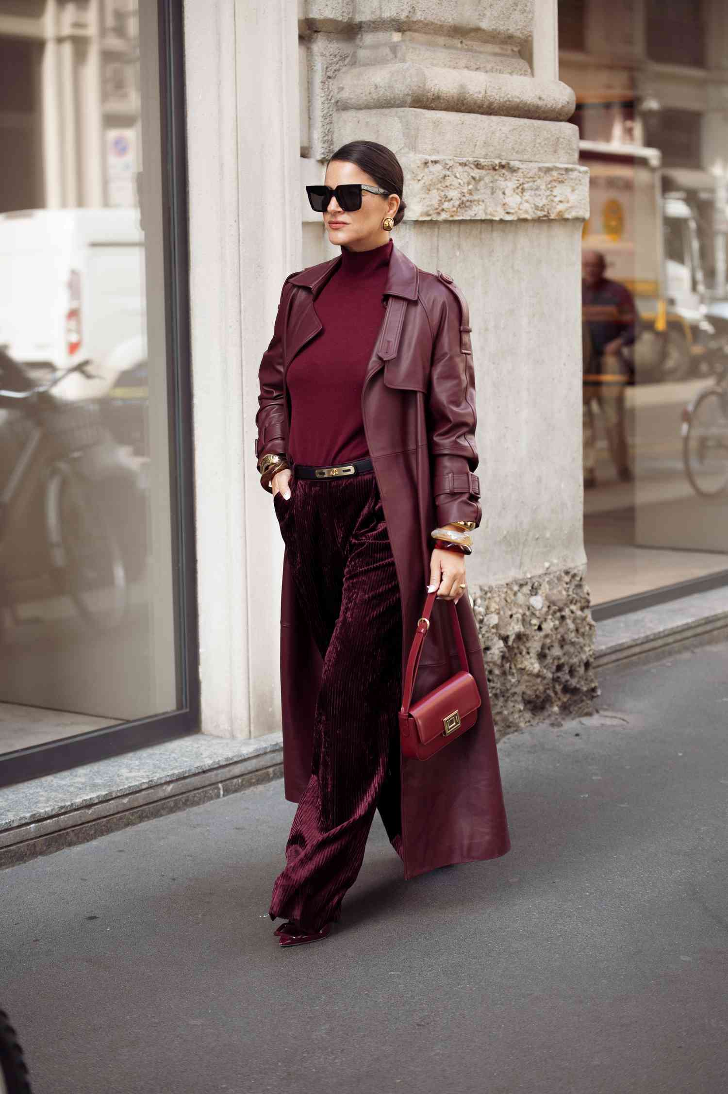 Luxurious Burgundy Leather Trench Coat for Evening — Trench Coat Outfits