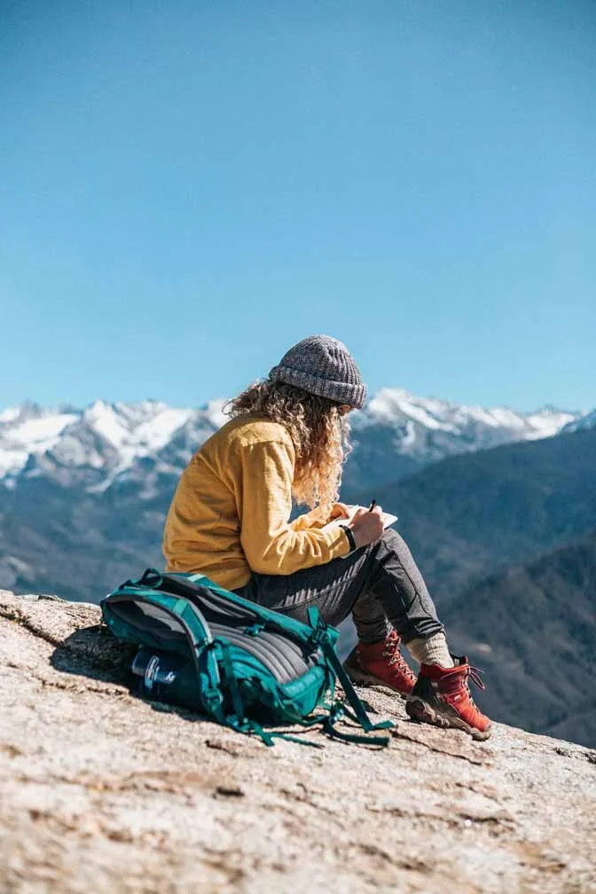 Outdoor Adventure: Yellow Sweatshirt, Teal Backpack, and Red Boots — Backpack Outfits Women