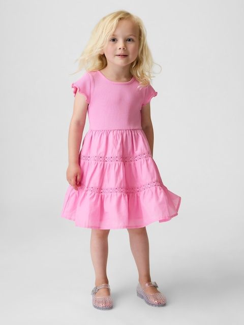 Pink Tiered Dress with Eyelet Lace Details Pink Tiered Dress with Eyelet Lace Details — Little Girl Dresses