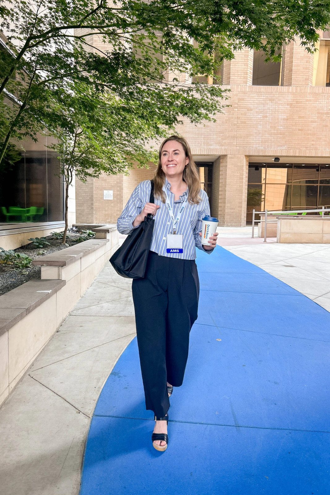 Striped Shirt and Wide-Leg Trousers with Platform Sandals — Conference Outfits