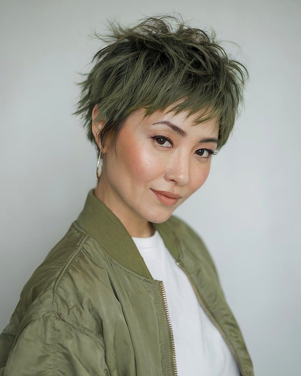 Green Shag With Micro Bangs — Short Shag