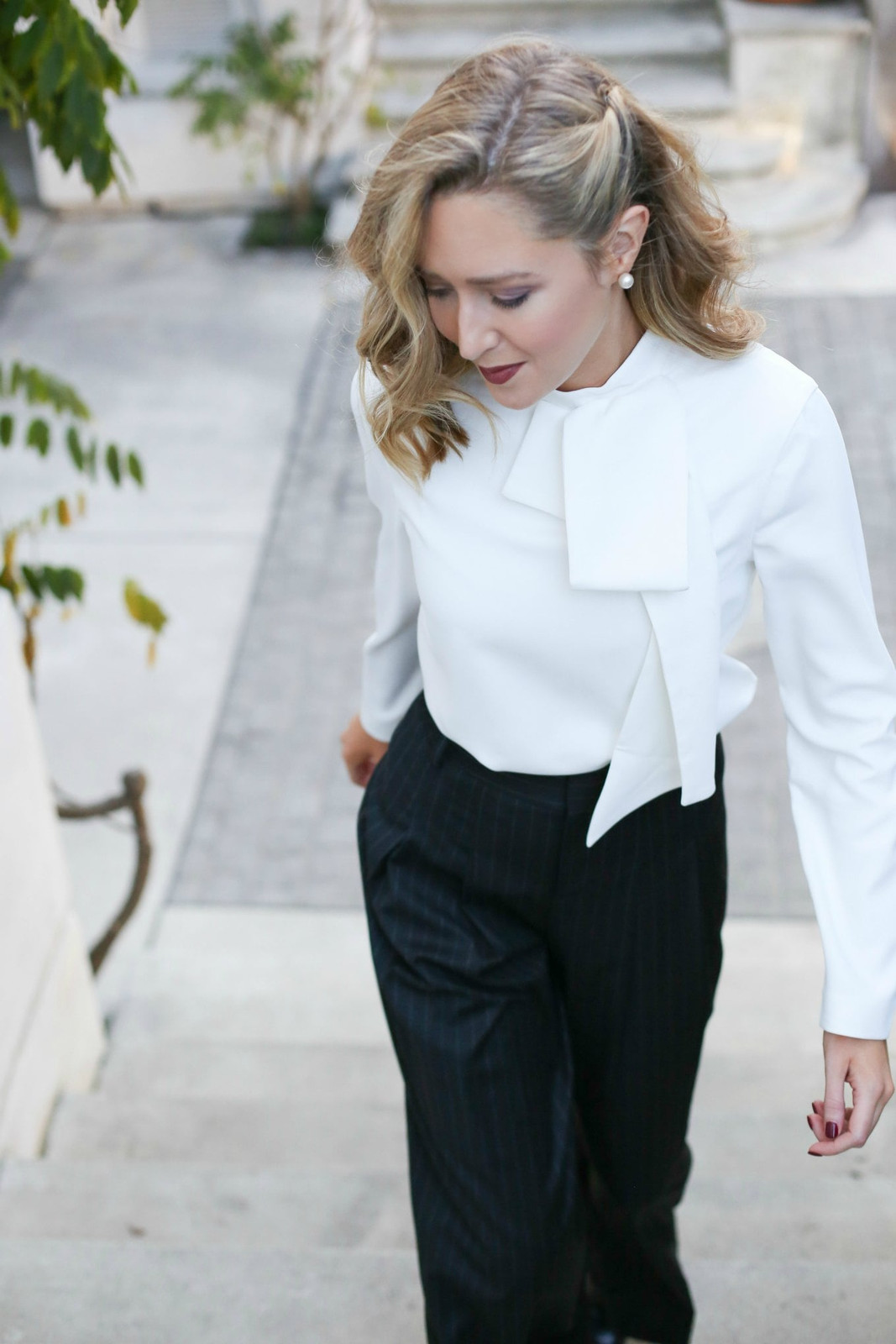Polished Workwear: Black Pinstripe Trousers with a Tie-Neck Blouse — Pinstripe Pants Outfits