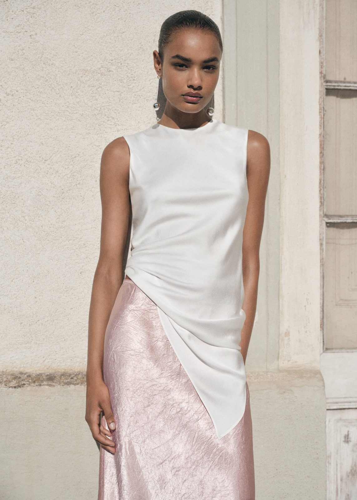 Pink Textured Satin Midi Skirt with Asymmetrical Hem for Evening Glamour Satin Skirts