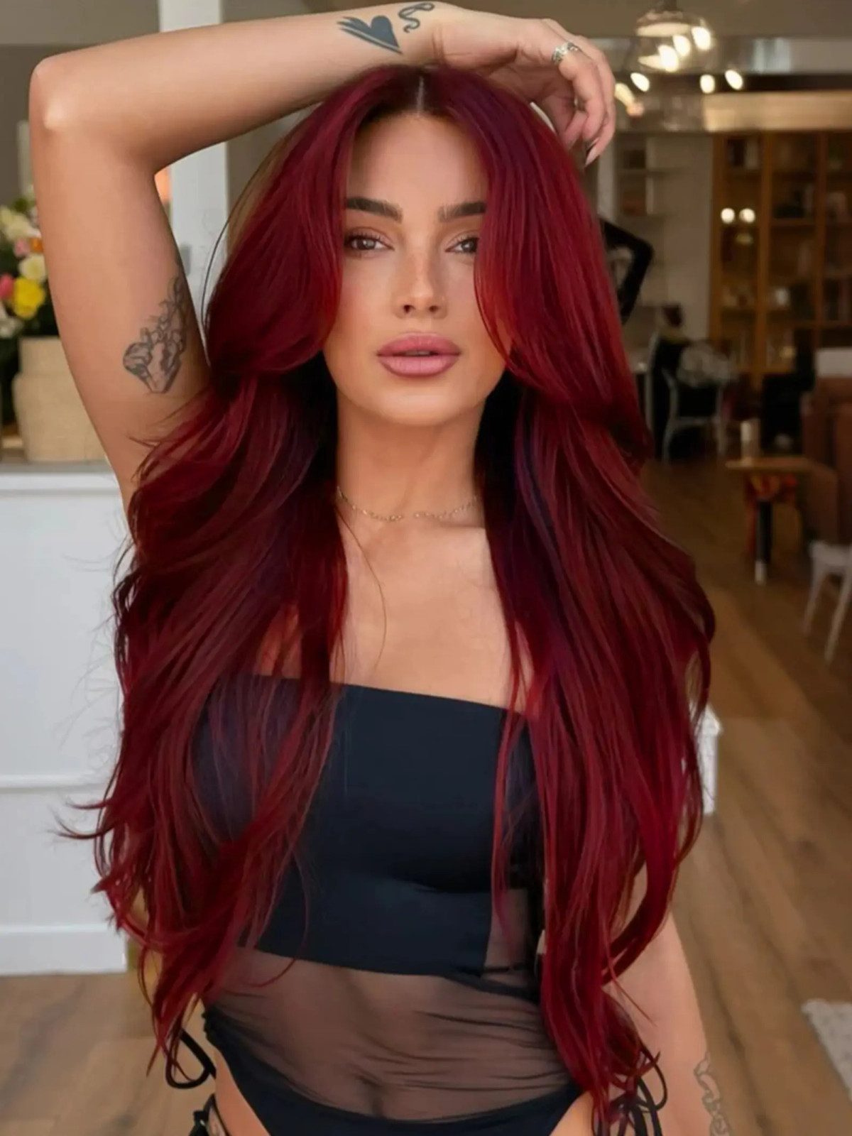 Deep Red Wig With Voluminous Curtain Bangs Deep Red Wig With Voluminous Curtain Bangs — Lace Front Wig Styles