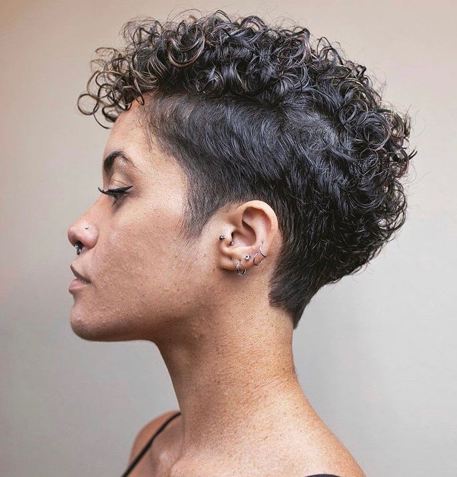 Dark Brown Curly Pixie with Grey Highlights — Undercut Hairstyles for Women