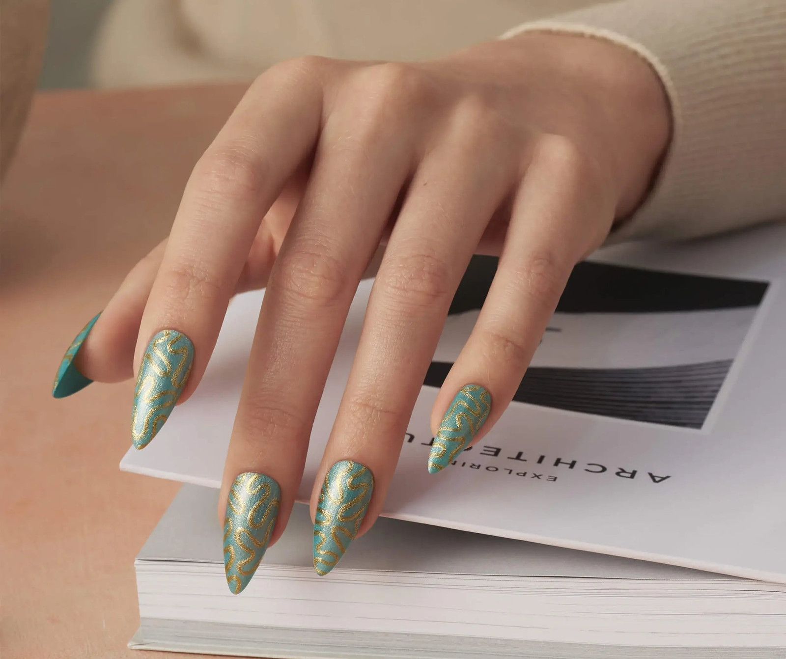 Teal Stiletto with Gold Leaf Pattern Teal Stiletto with Gold Leaf Pattern — Shellac Nails