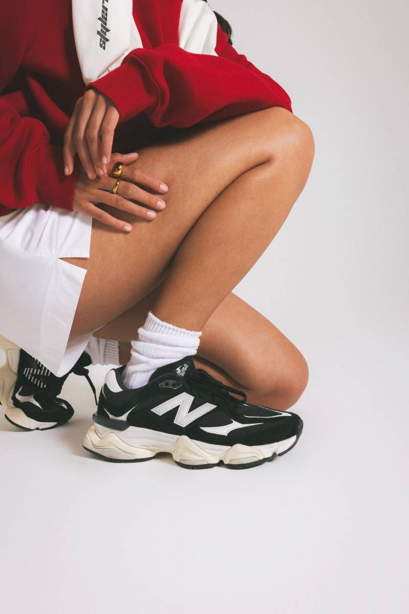Red Sweatshirt and Black/White 9060s with Gold Accents Red Sweatshirt and Black/White 9060s with Gold Accents — New Balance 9060 Outfits