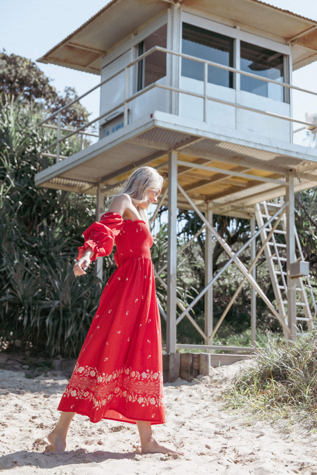 Red Smocked Midi Dress with Voluminous Sleeves — House Dresses