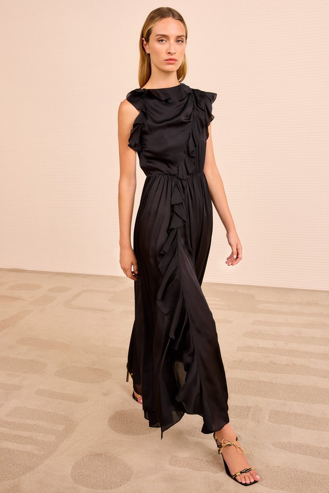 Black Satin Maxi with Waterfall Ruffle Front Black Satin Maxi with Waterfall Ruffle Front — Ruffle Dresses