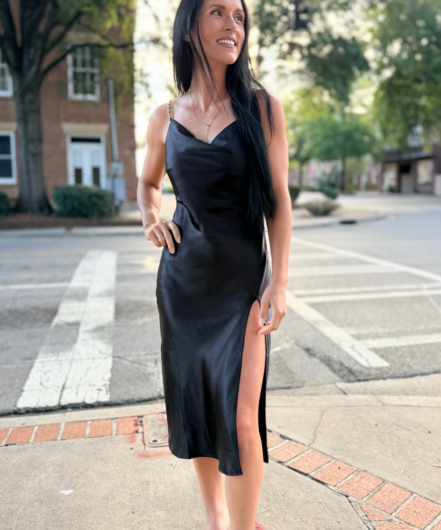 Date Night Allure: Black Slip Dress with Gold Accents Slip Dress Outfits