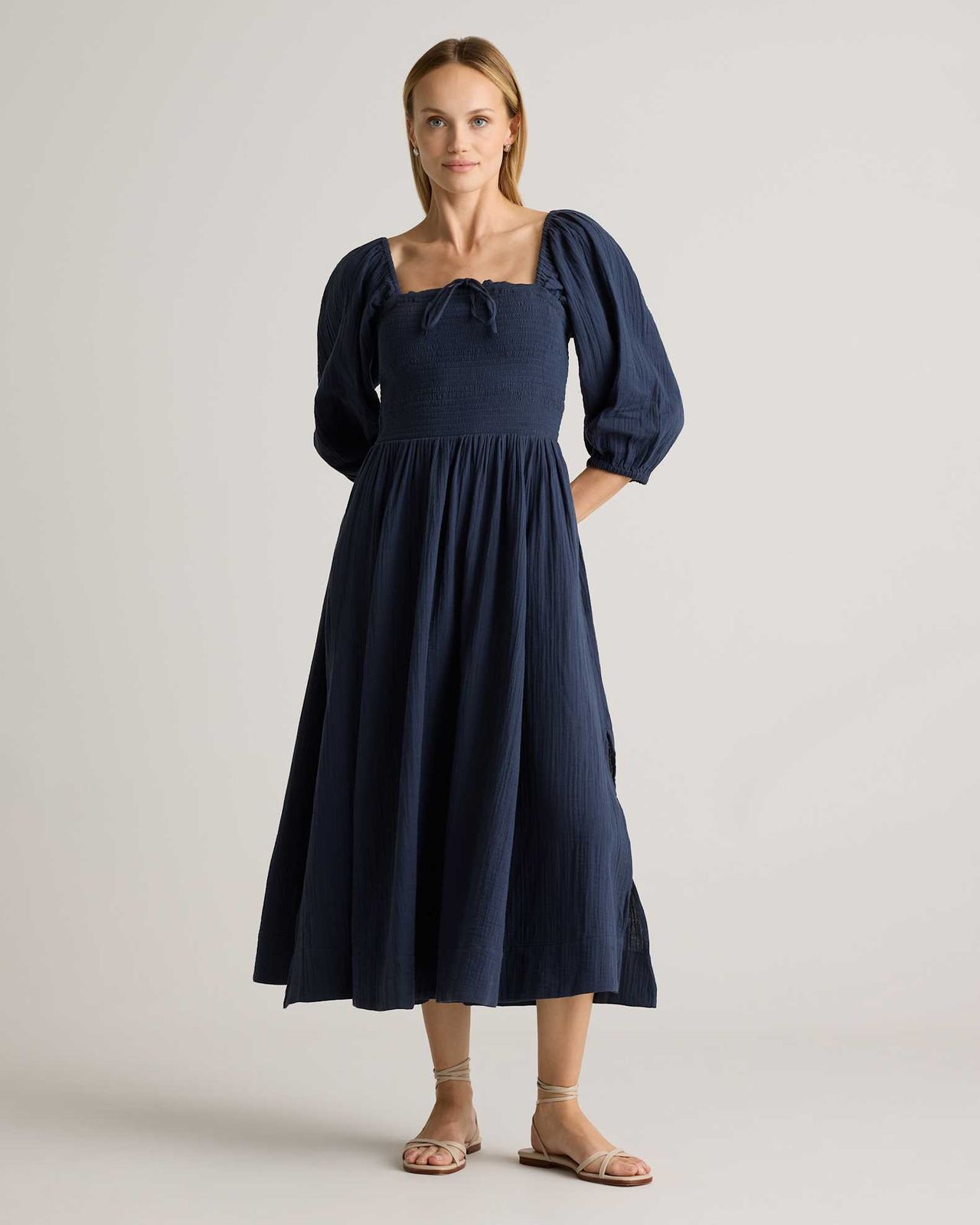 Indigo Blue Gauze Midi Dress with Smocked Bodice and Puff Sleeves Indigo Blue Gauze Midi Dress with Smocked Bodice and Puff Sleeves — Square Neck Dresses