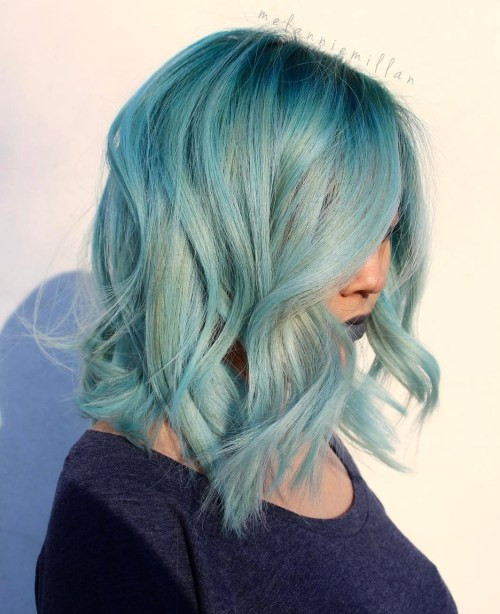 Pastel Blue Lob with Side-Swept Bangs — Pastel Blue Hair