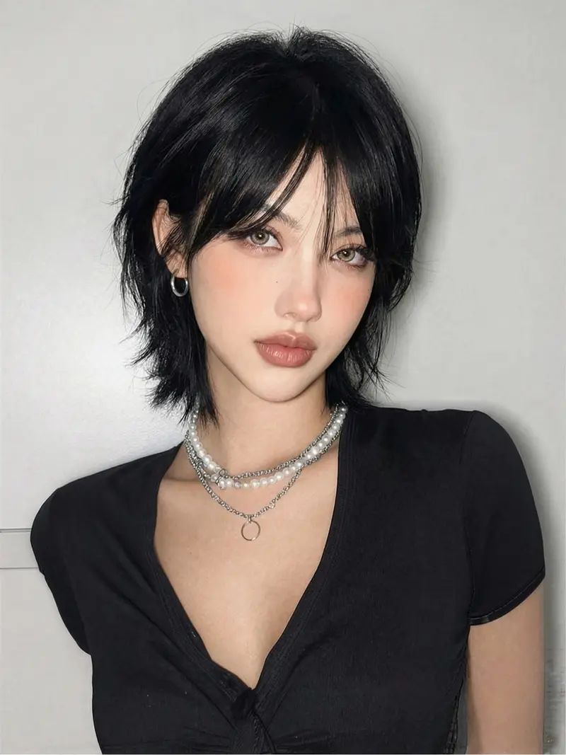 Black Wolf Cut With Blunt Bangs