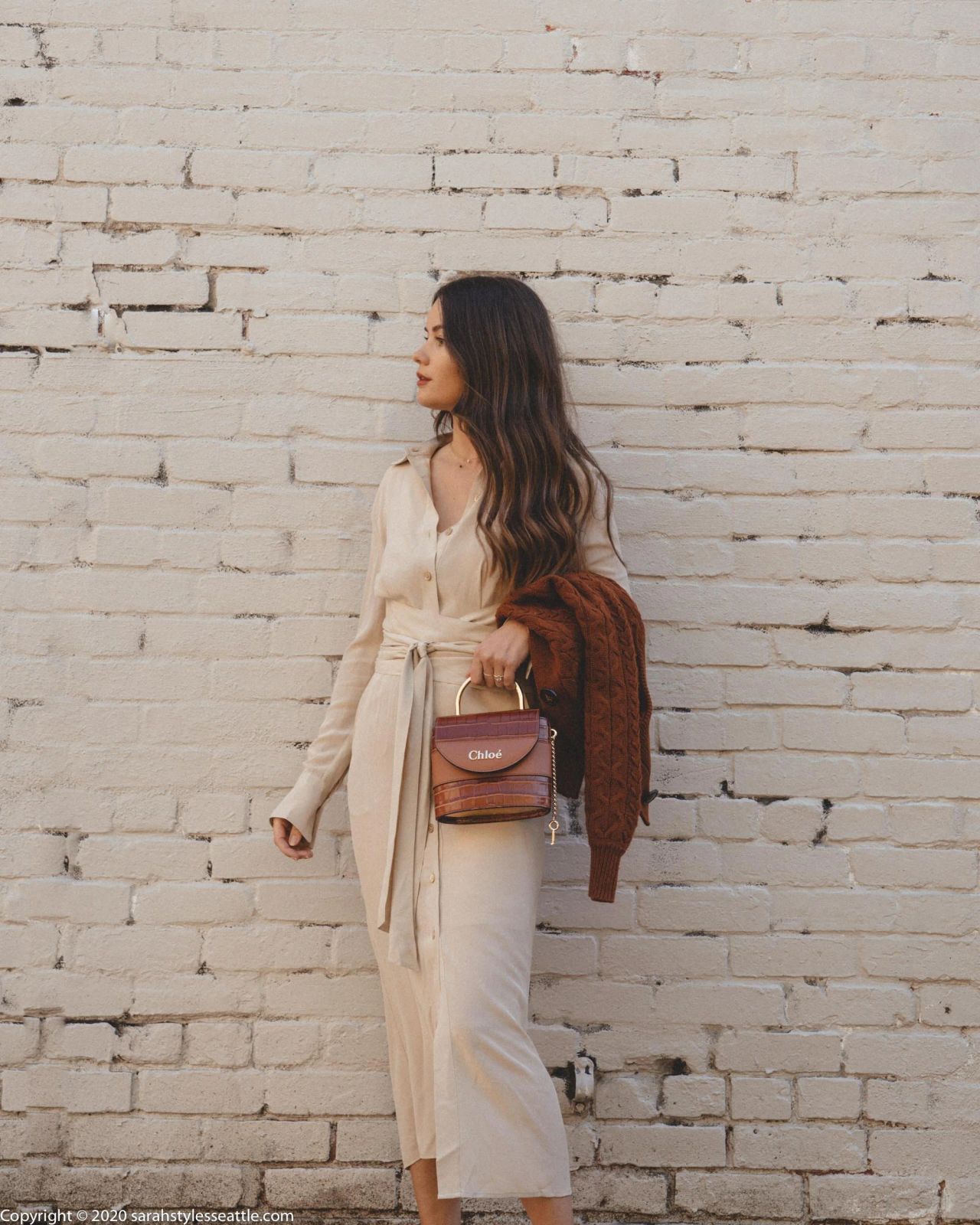 Beige Silk Shirt Dress with Knitted Cardigan Beige Silk Shirt Dress with Knitted Cardigan — Silk Dresses