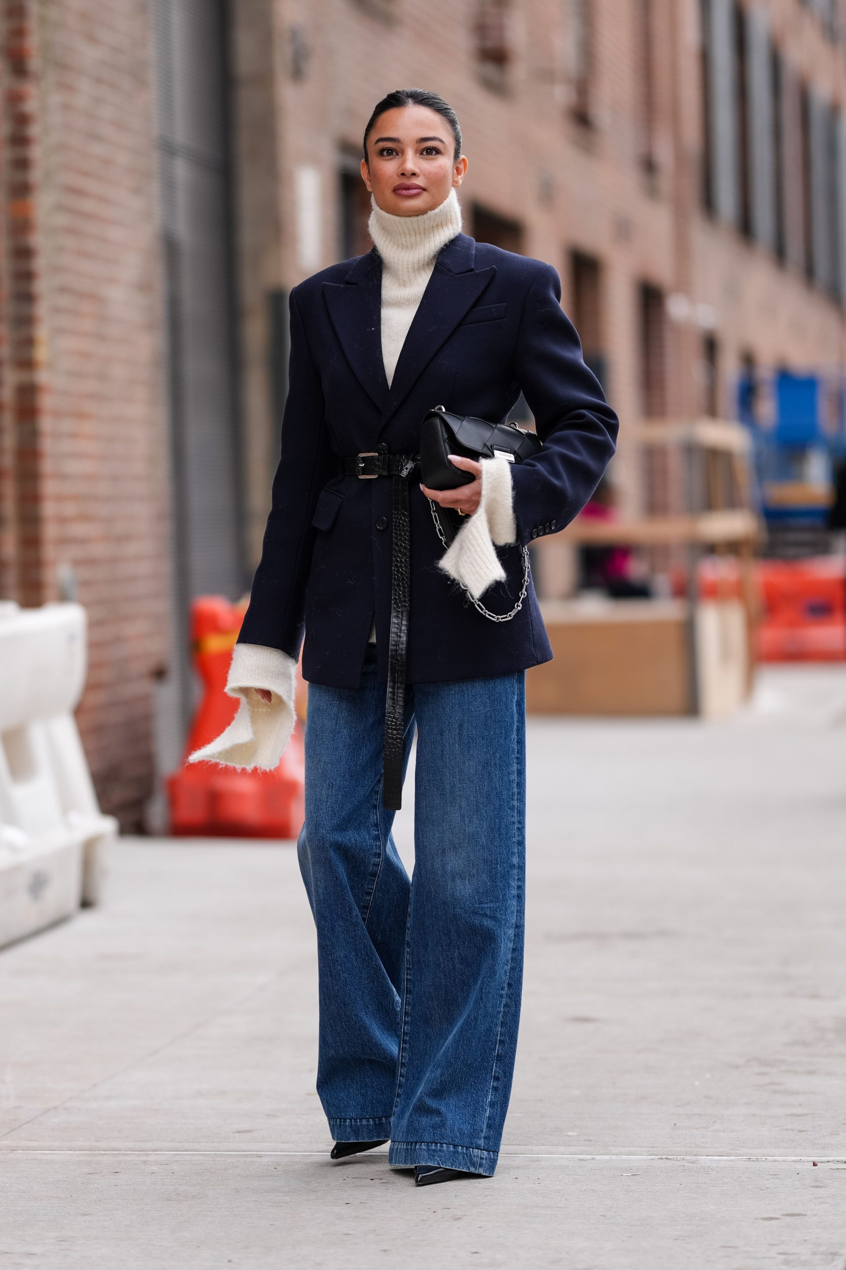 Polished Casual: Navy Blazer and White Turtleneck with Dark Wash Wide Leg Jeans — Wide Leg Jeans Outfits