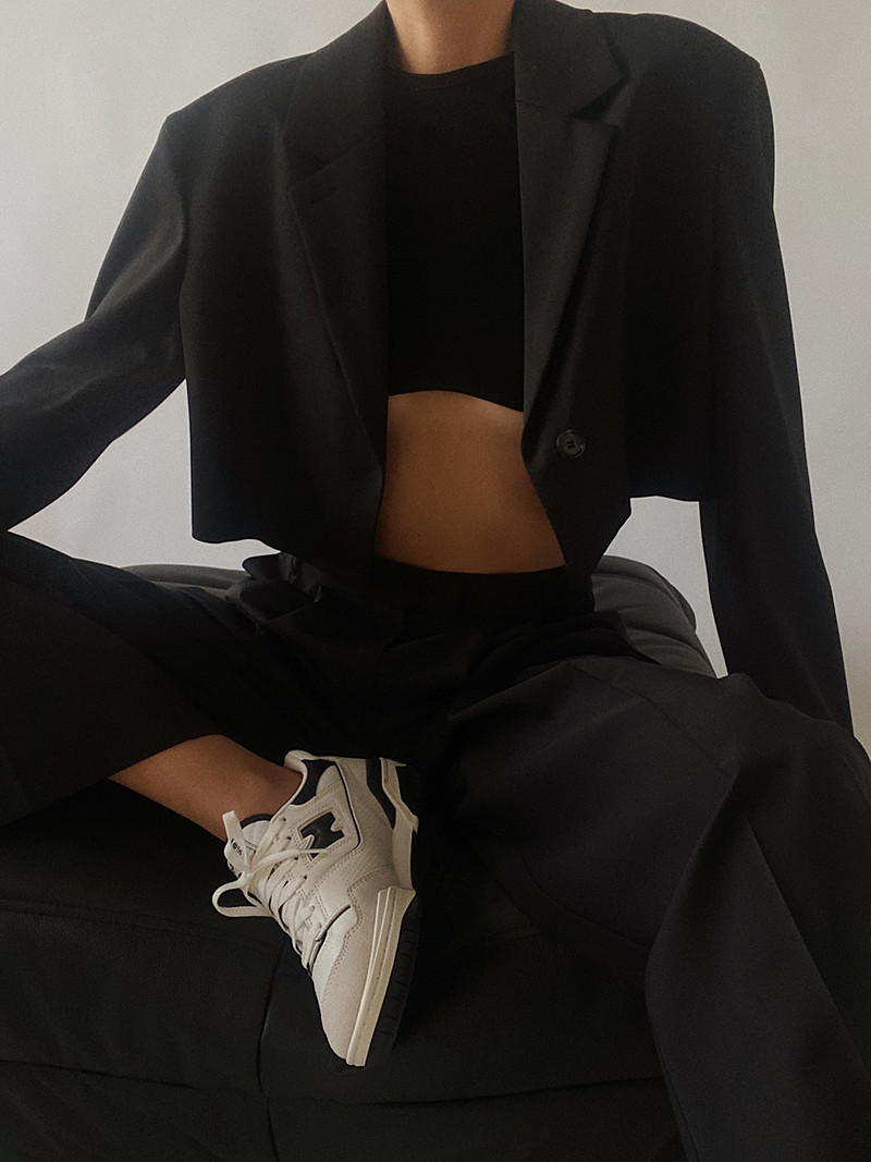 Cropped Blazer and Wide-Leg Trousers in Black and White Cropped Blazer and Wide-Leg Trousers in Black and White — New Balance 550 Outfits
