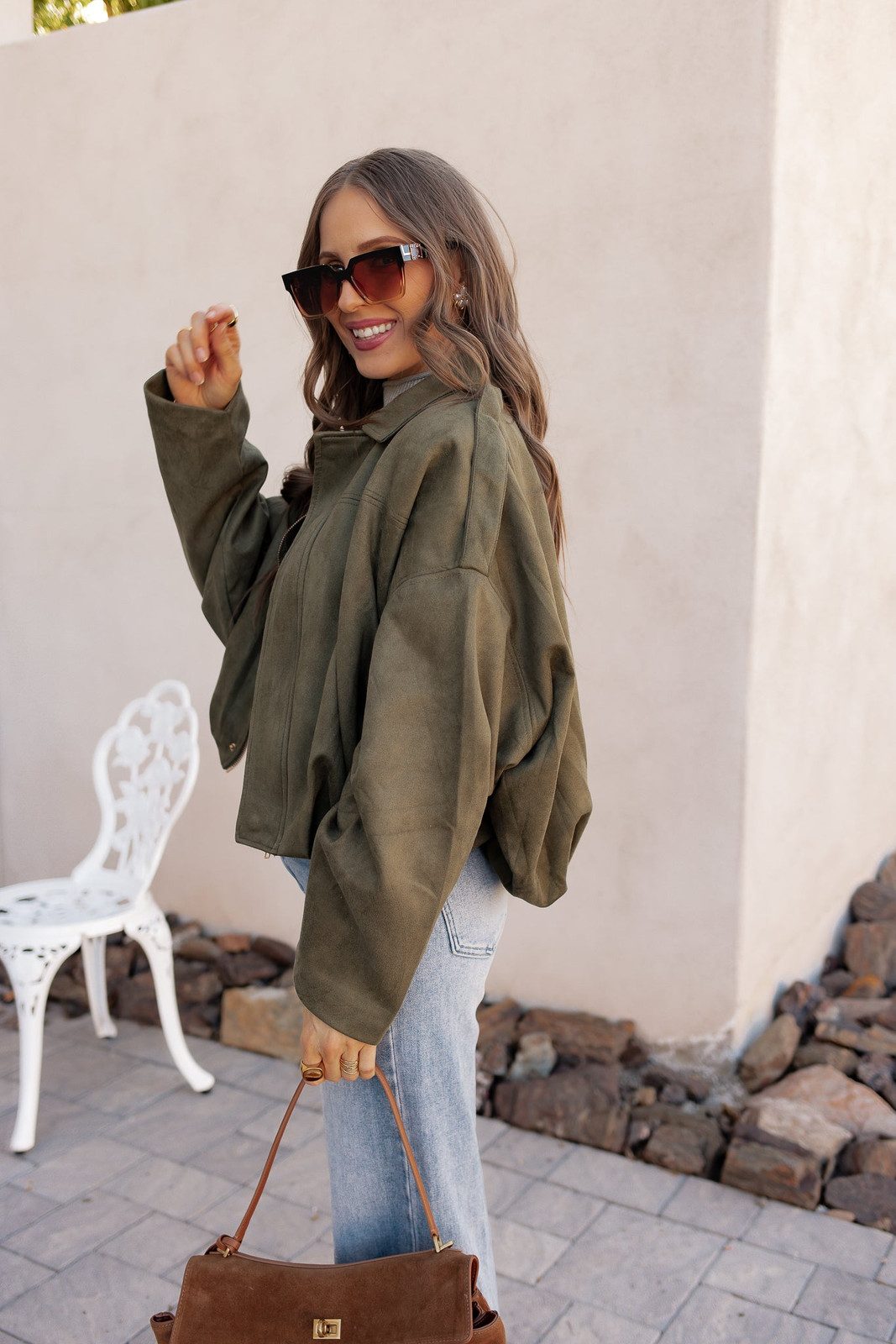 Casual Olive Bomber Jacket Outfit with Oversized Sunglasses — Oversized Sunglasses Outfits