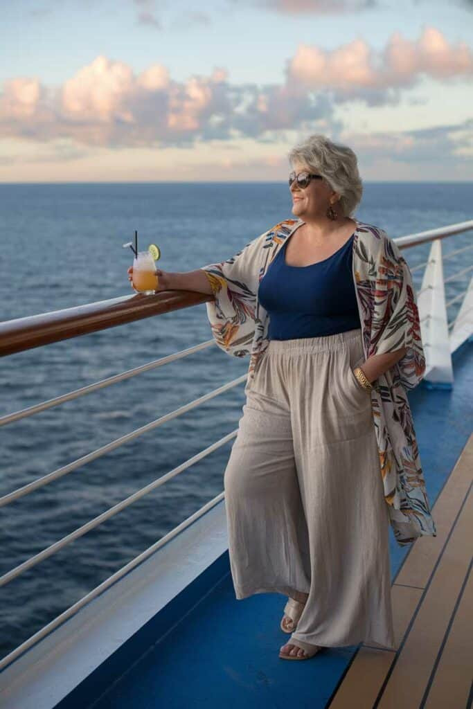 Wide-Leg Pants and Printed Kimono for Casual Cruise Dining — Cruise Dinner Outfits