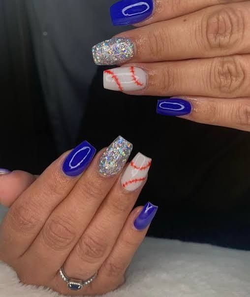 Vibrant Blue Glitter Coffin Nails — Softball Nails