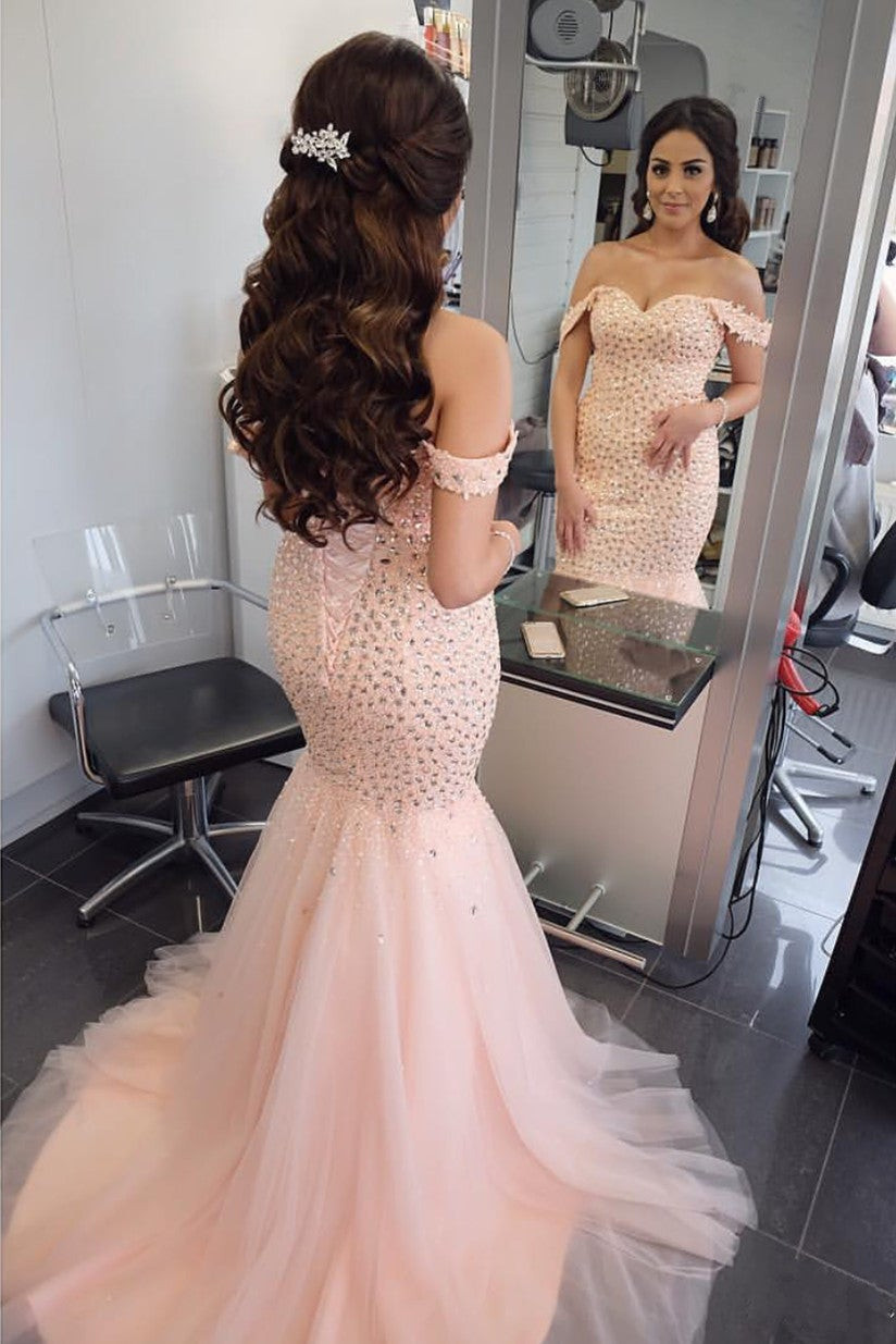 Pale Pink Beaded Off-the-Shoulder Mermaid Dress — Off the Shoulder Dresses