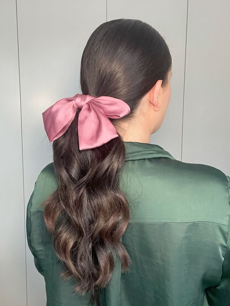 Dark Brown Wavy Ponytail With Dusty Rose Bow — Low Ponytail with Bow