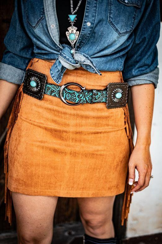Turquoise Tooled Leather Belt with Fringe Skirt and Tied Denim Shirt — Western Belt Outfits