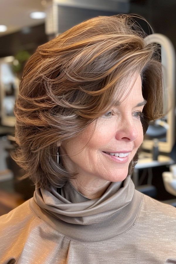 Layered Brown Bob With Highlights Layered Brown Bob With Highlights — Hair Color for Women Over 60
