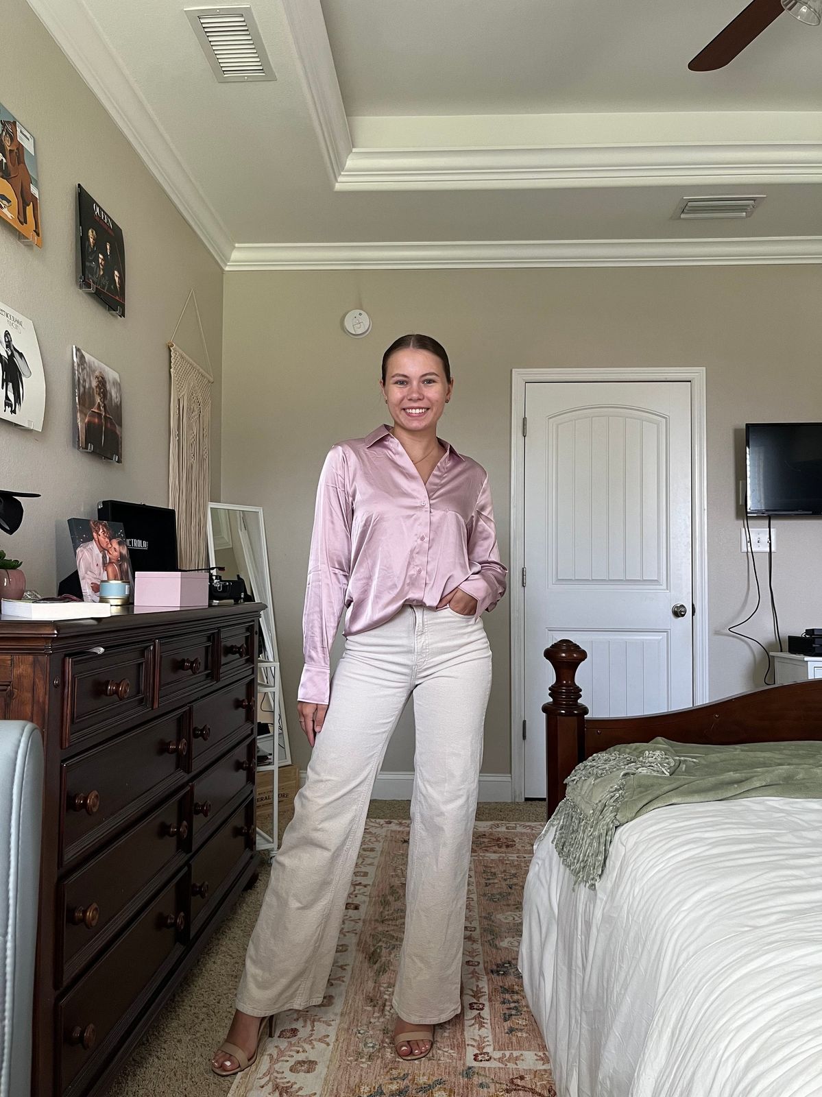 Elegant Ease: Satin Shirt with Wide-Leg Pants Elegant Ease: Satin Shirt with Wide-Leg Pants — Internship Outfits