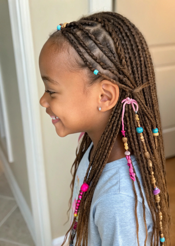 Shoulder-Length Natural Brown Braids With Colorful Beads Shoulder-Length Natural Brown Braids With Colorful Beads — Kids Knotless Braids