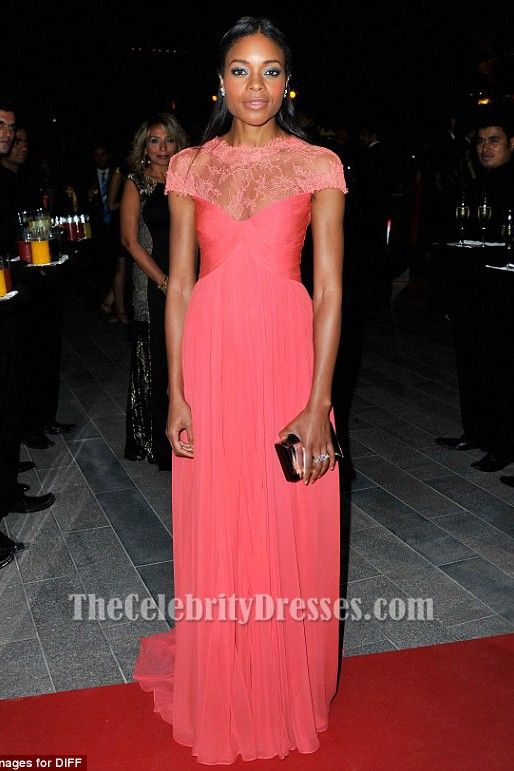 Coral Gown with Lace Neckline and Sheer Sleeves for a Gala Coral Gown with Lace Neckline and Sheer Sleeves for a Gala — Charity Gala Outfits