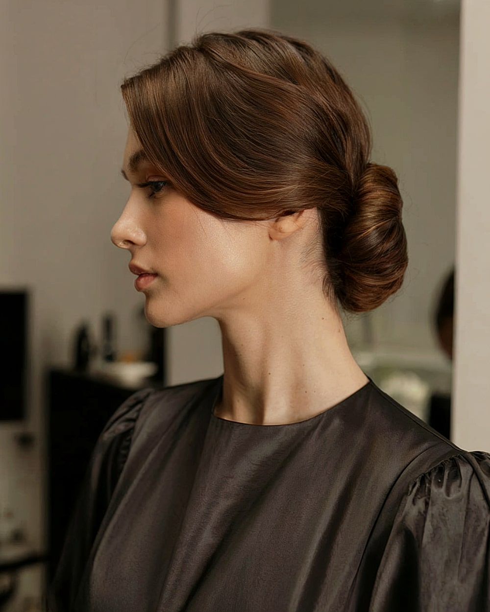 Collarbone Dark Brown Twist with Side Bangs Collarbone Dark Brown Twist with Side Bangs — French Twist