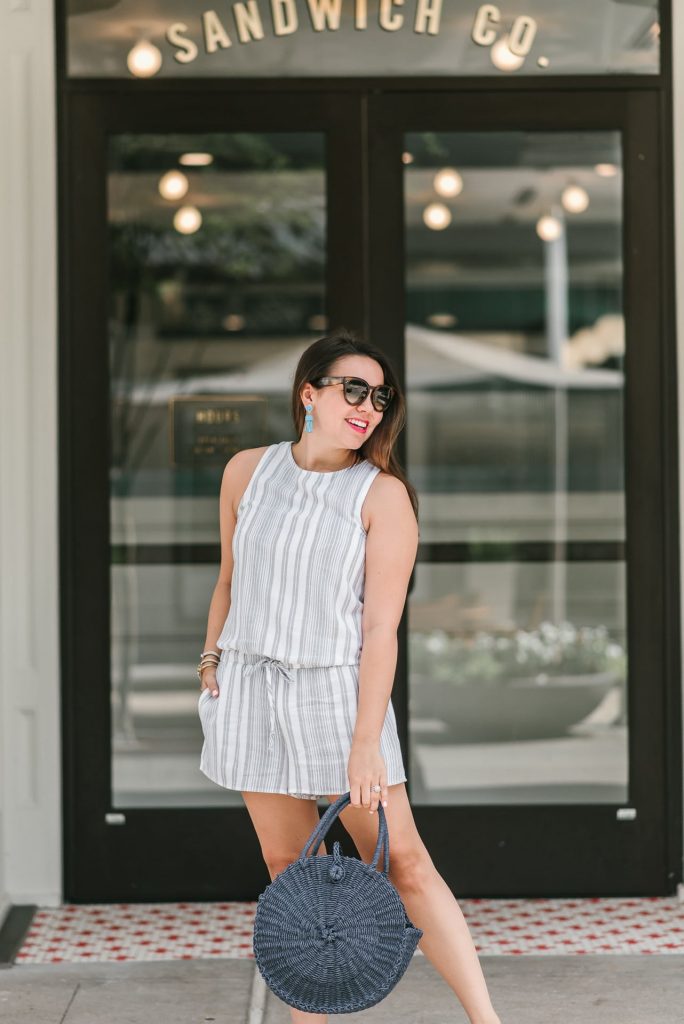 Striped Sleeveless Romper with Woven Handbag Striped Sleeveless Romper with Woven Handbag — Romper Outfits