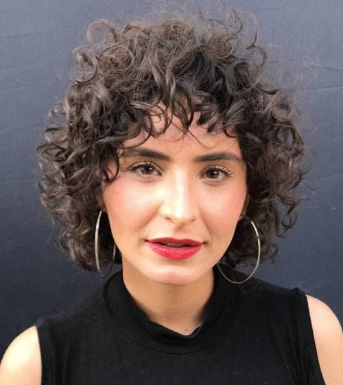 Curly Bob with Short Curly Bangs Curly Bob with Short Curly Bangs — Hairstyles for Diamond Faces