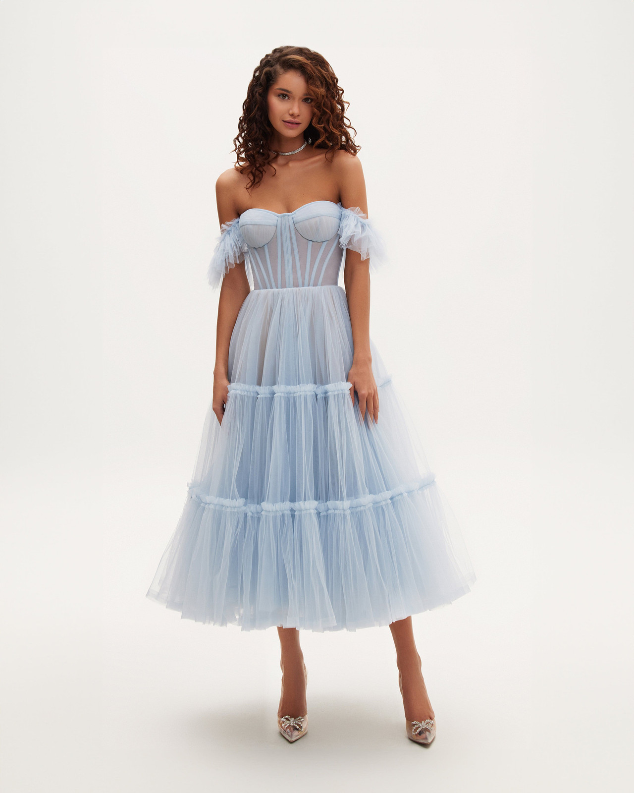 Light Blue Off-the-Shoulder Tulle Midi Dress with Ruffles — Tulle Dresses