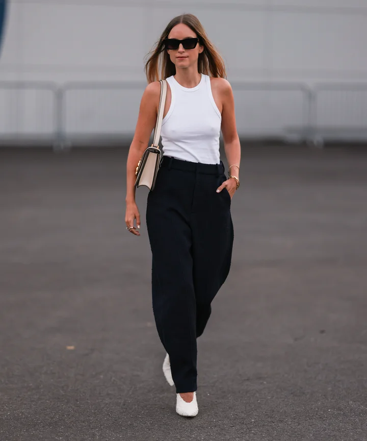 Elevated Casual: White Tank Top with Black Wide-Leg Trousers — Black and White Outfits