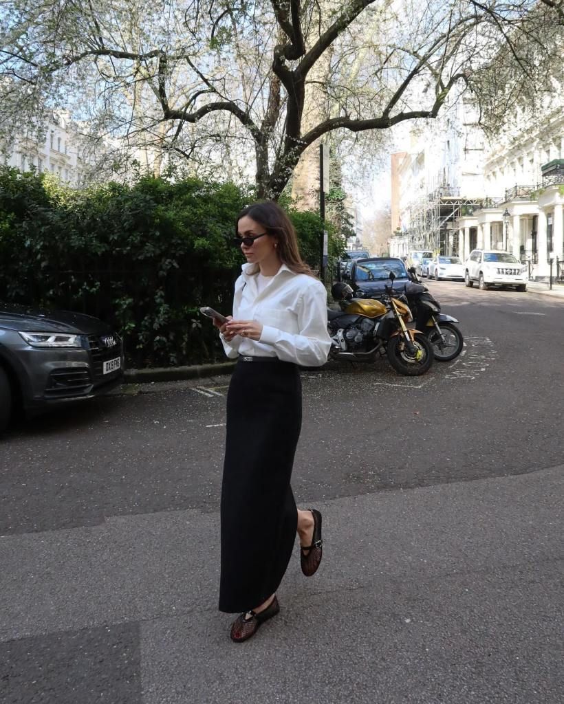 Flowing Black Satin Maxi Skirt with White Button-Down Shirt Flowing Black Satin Maxi Skirt with White Button-Down Shirt — Satin Skirt Outfits