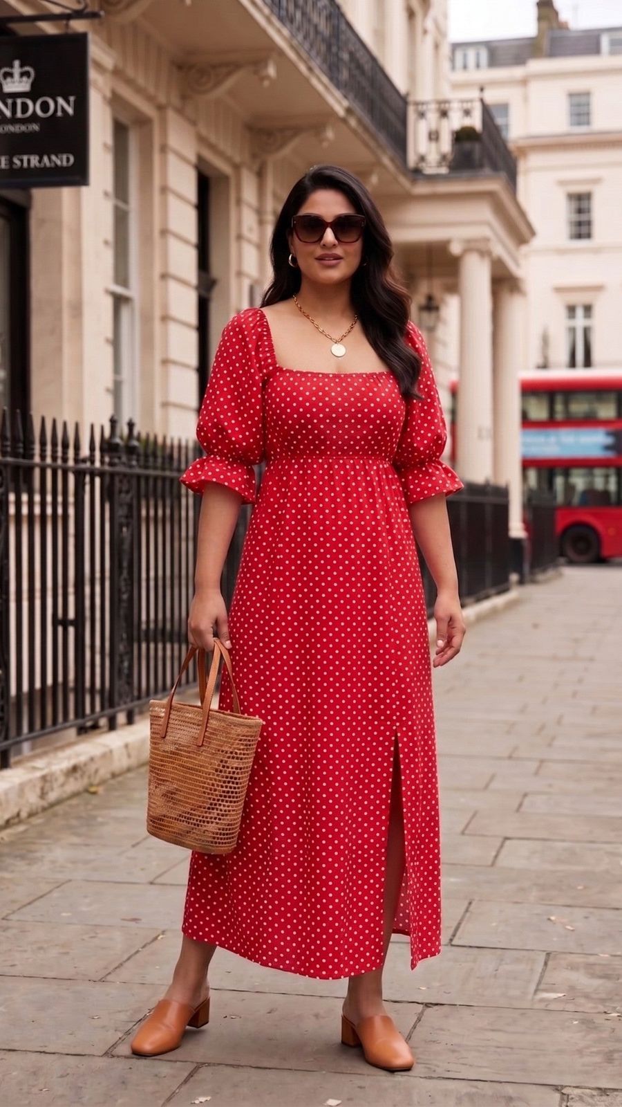 Red Polka Dot Midi Dress with Puff Sleeves and Slit — Plus Size Dresses