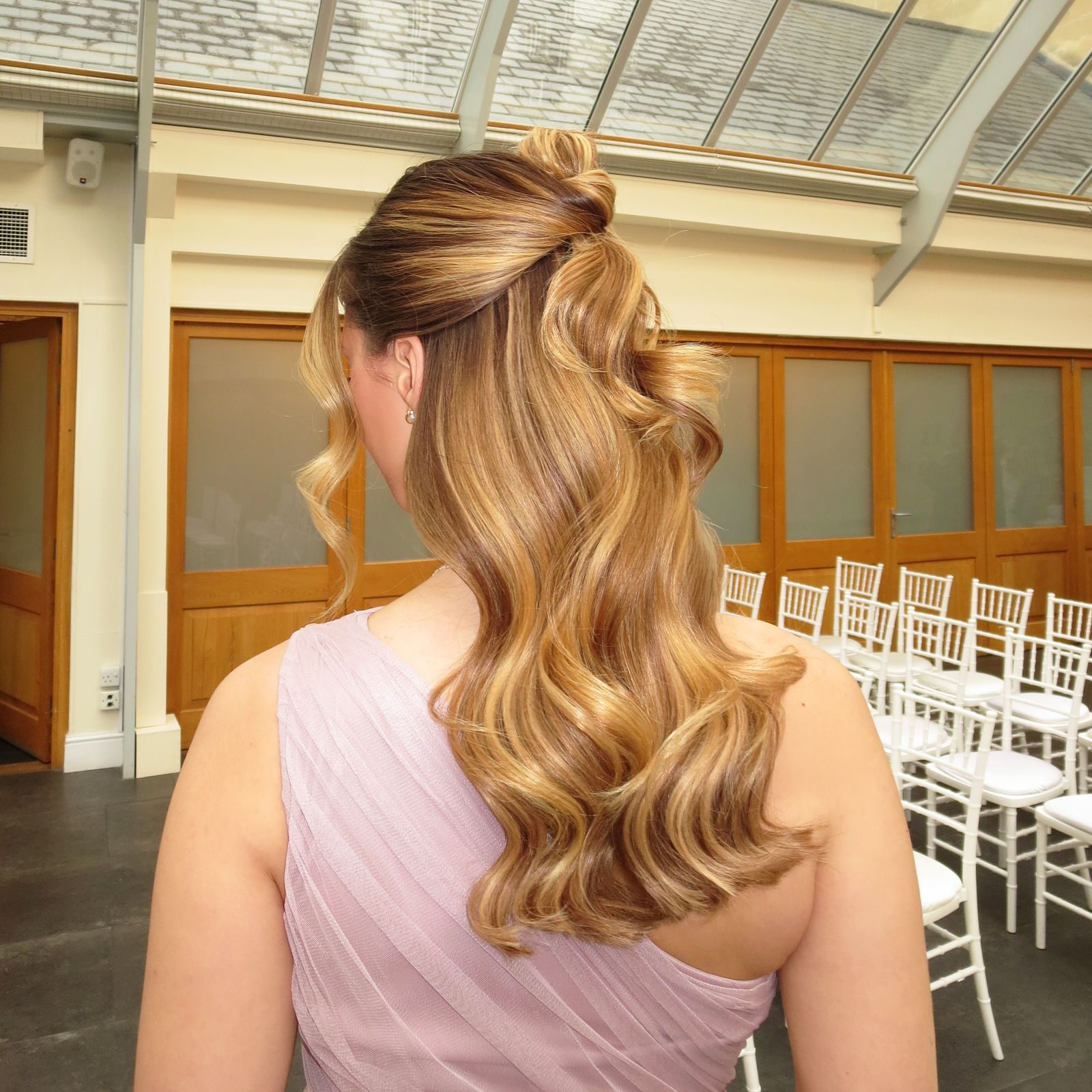 Voluminous Wavy Ash Blonde Updo With Soft Curls Voluminous Wavy Ash Blonde Updo With Soft Curls — Wedding Guest Hairstyles