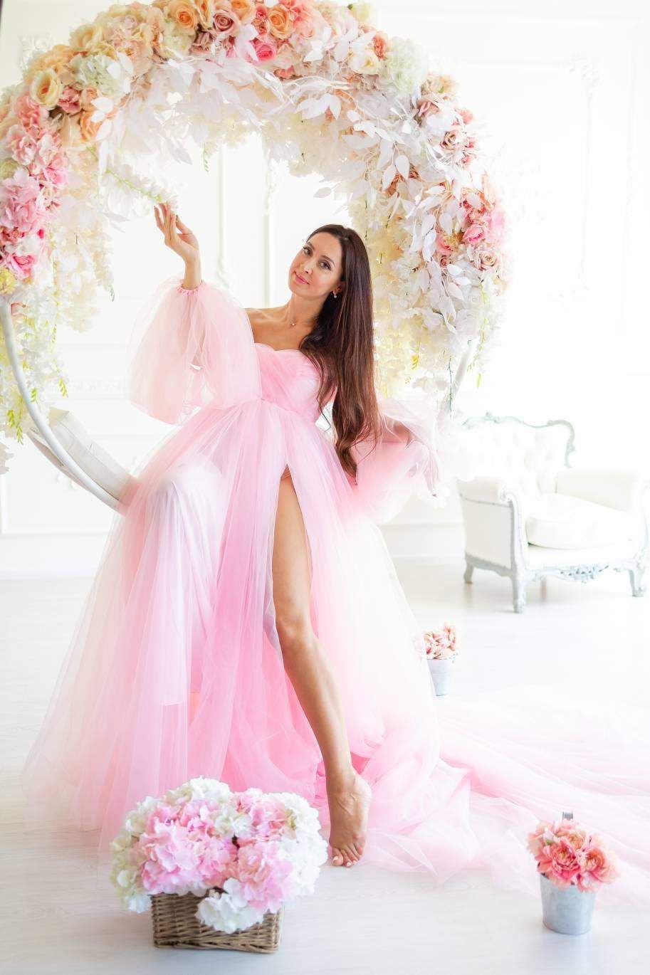 Pale Pink Off-Shoulder Tulle Gown with Voluminous Sleeves and Train for a Dreamy Baby Shower Pale Pink Off-Shoulder Tulle Gown with Voluminous Sleeves and Train for a Dreamy Baby Shower — Baby Shower Dresses