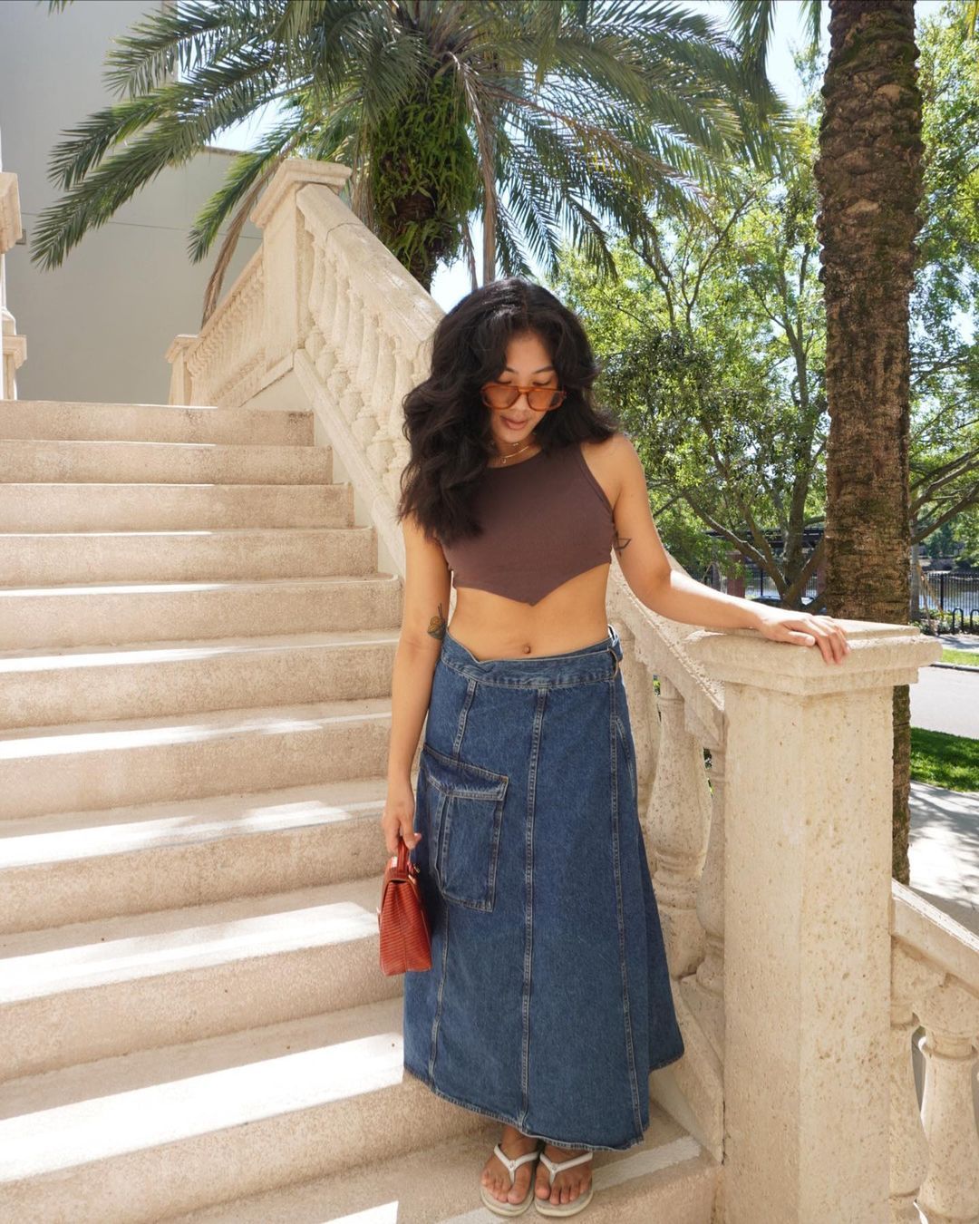 Blue Denim Cargo Midi Skirt with Halter Top — Cargo Skirt Outfits