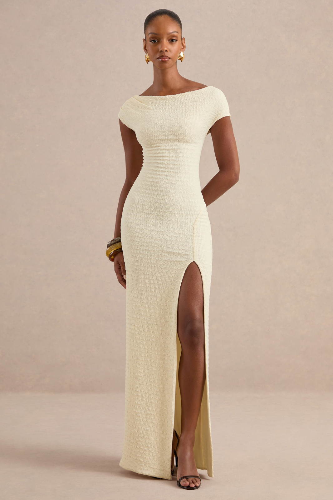 Cream Textured Knit Off-the-Shoulder Maxi Dress with High Slit — Engagement Party Dresses