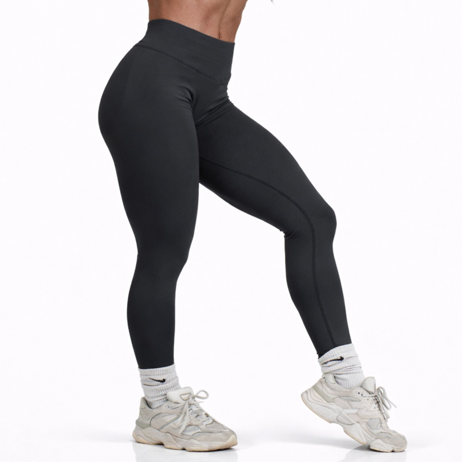 Charcoal Grey Seamless Leggings with Ribbed Texture and Chunky Sneakers — Gymshark Outfits