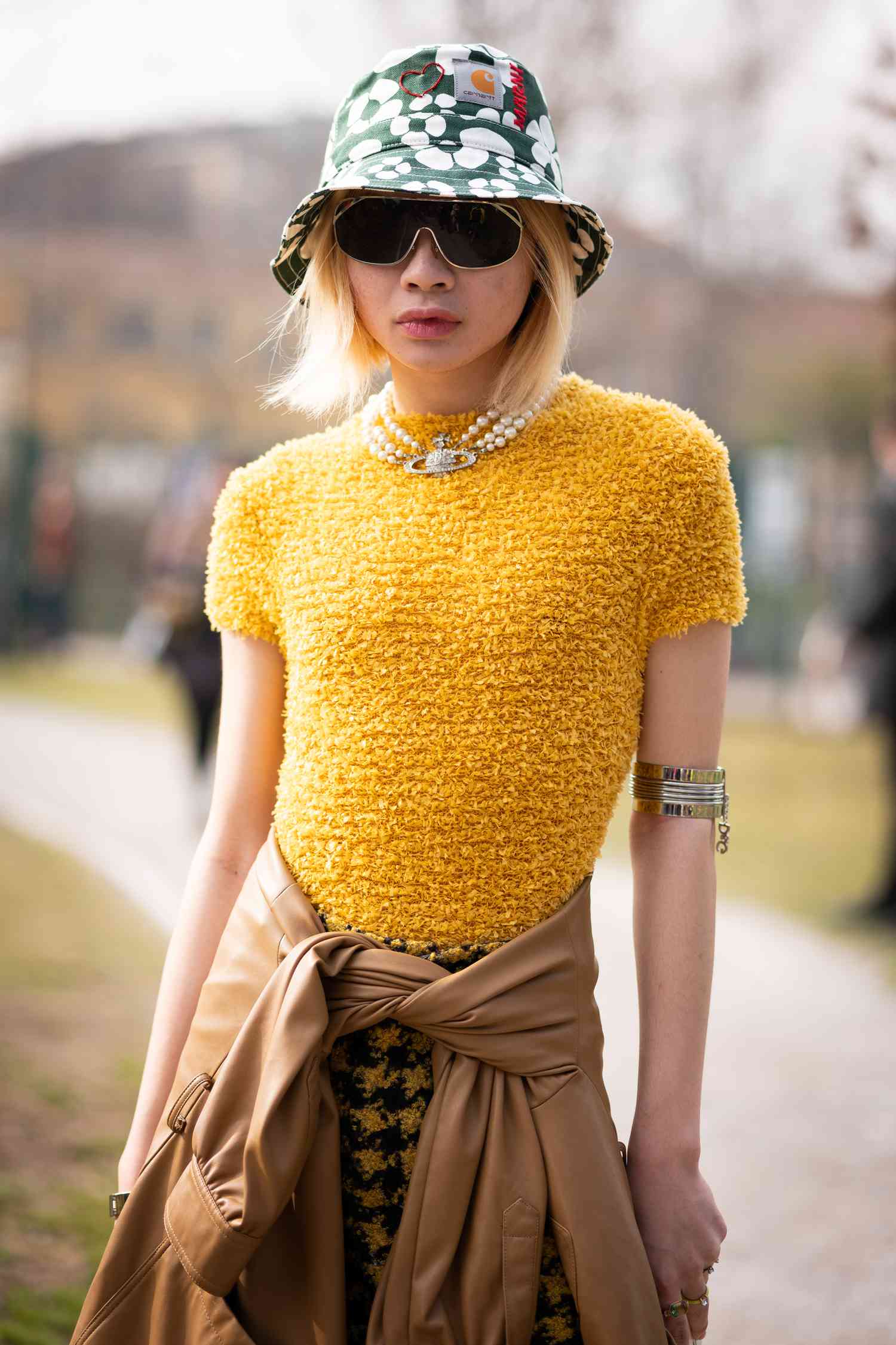 Textured Knit Leather Jacquard Outfit Idea Textured Knit Leather Jacquard Outfit Idea — Bucket Hat Outfits