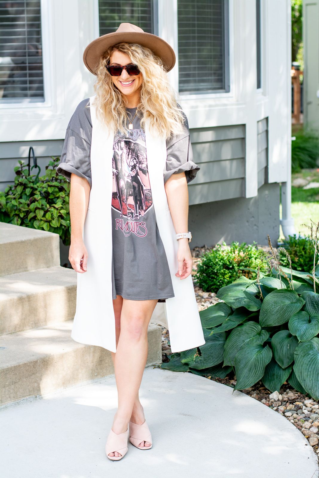 Oversized Tee Dress with Longline Vest and Mules Oversized Tee Dress with Longline Vest and Mules — T Shirt Dress Outfits
