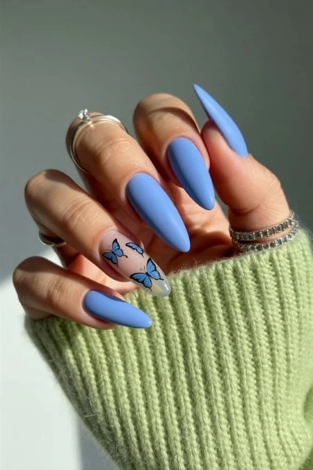 Matte Periwinkle Blue Butterfly Decal Stiletto Matte Periwinkle Blue Butterfly Decal Stiletto — Butterfly Nails