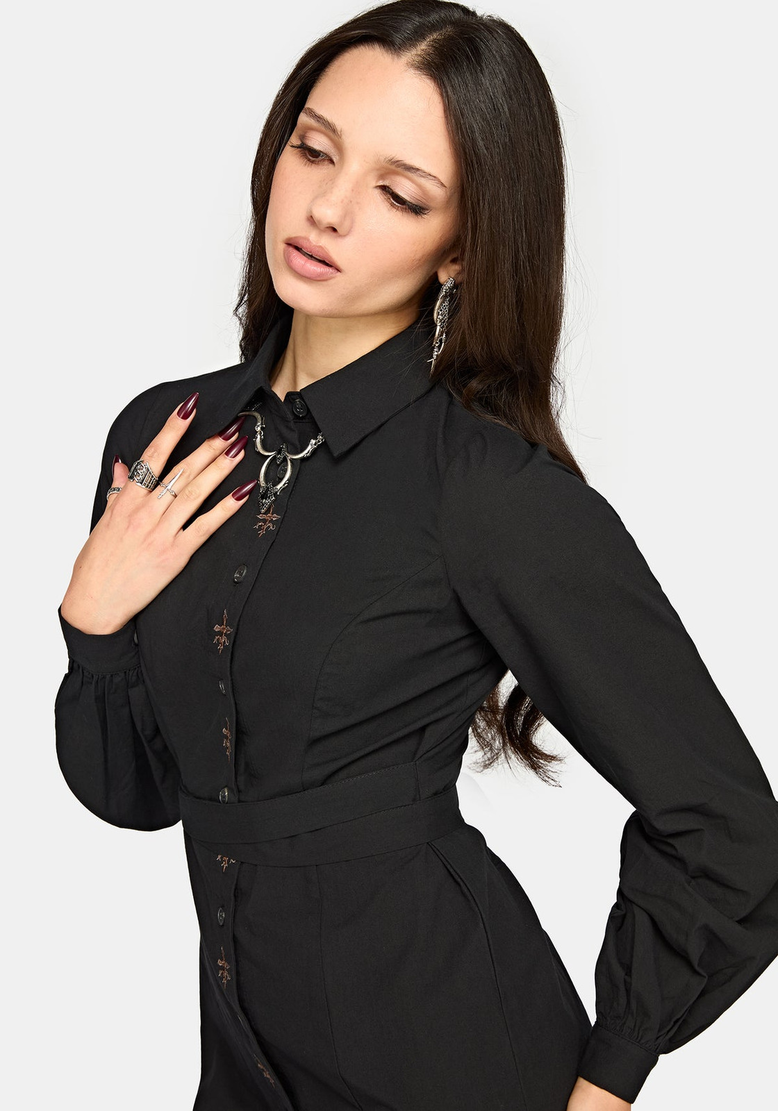 Collared Shirt Dress with Ornate Details and Statement Accessories — Corporate Goth Outfits