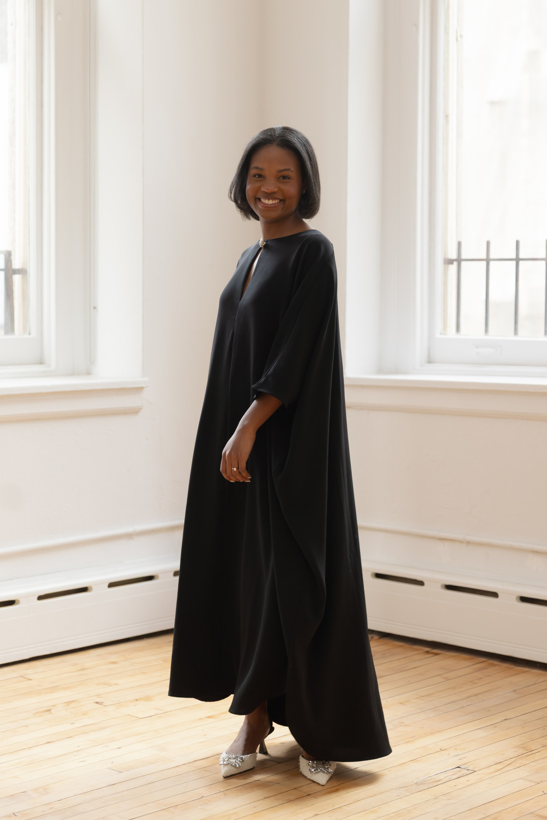 Flowing Black Caftan Dress with Embellished Heels — Black Tie Optional Outfits
