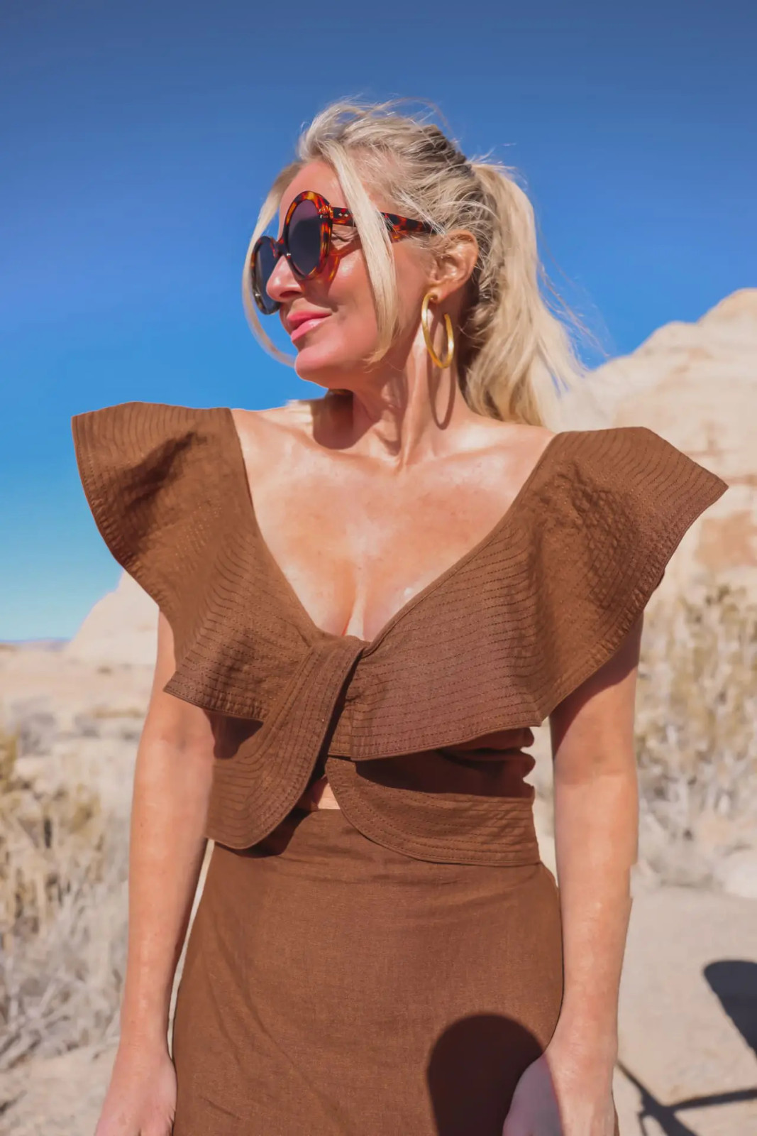 Brown Linen Blend Ruffled Crop Top and A-Line Skirt Set Brown Linen Blend Ruffled Crop Top and A-Line Skirt Set — Outfits for Big Bust