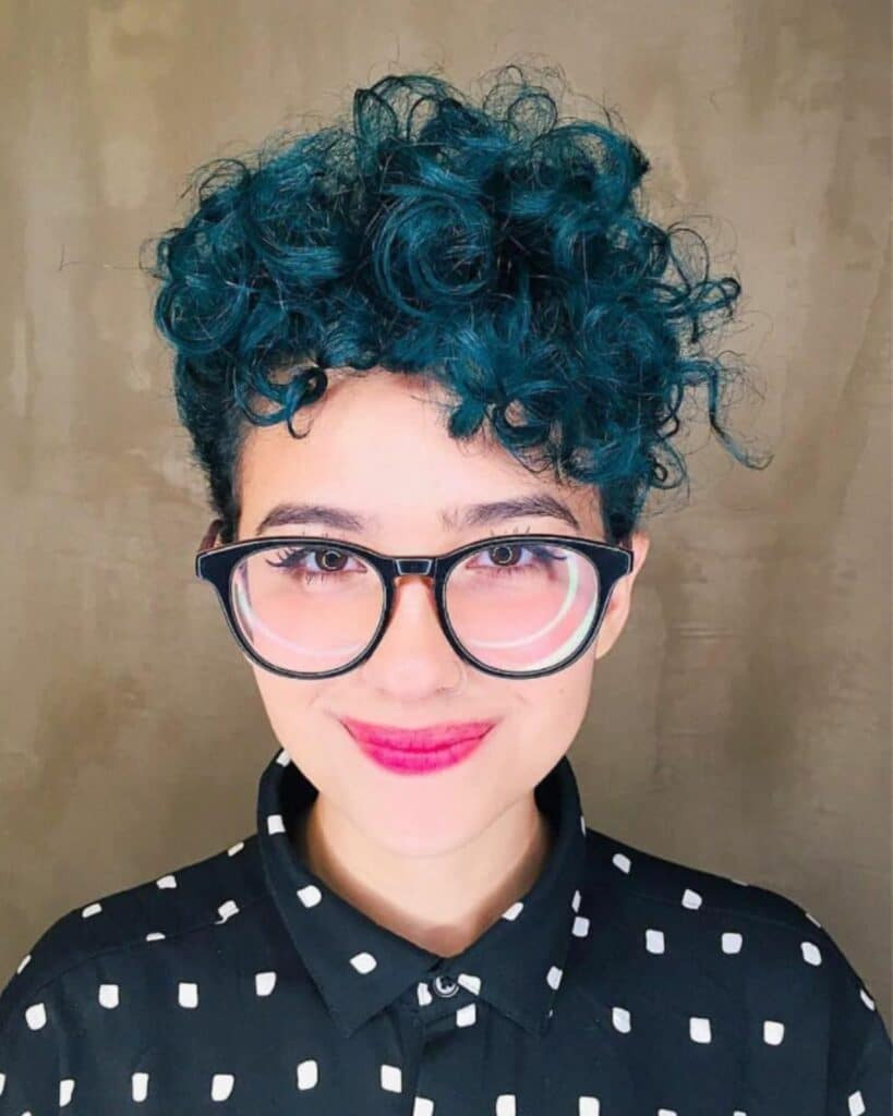 Vibrant Teal Curly Pixie — Turquoise Hair